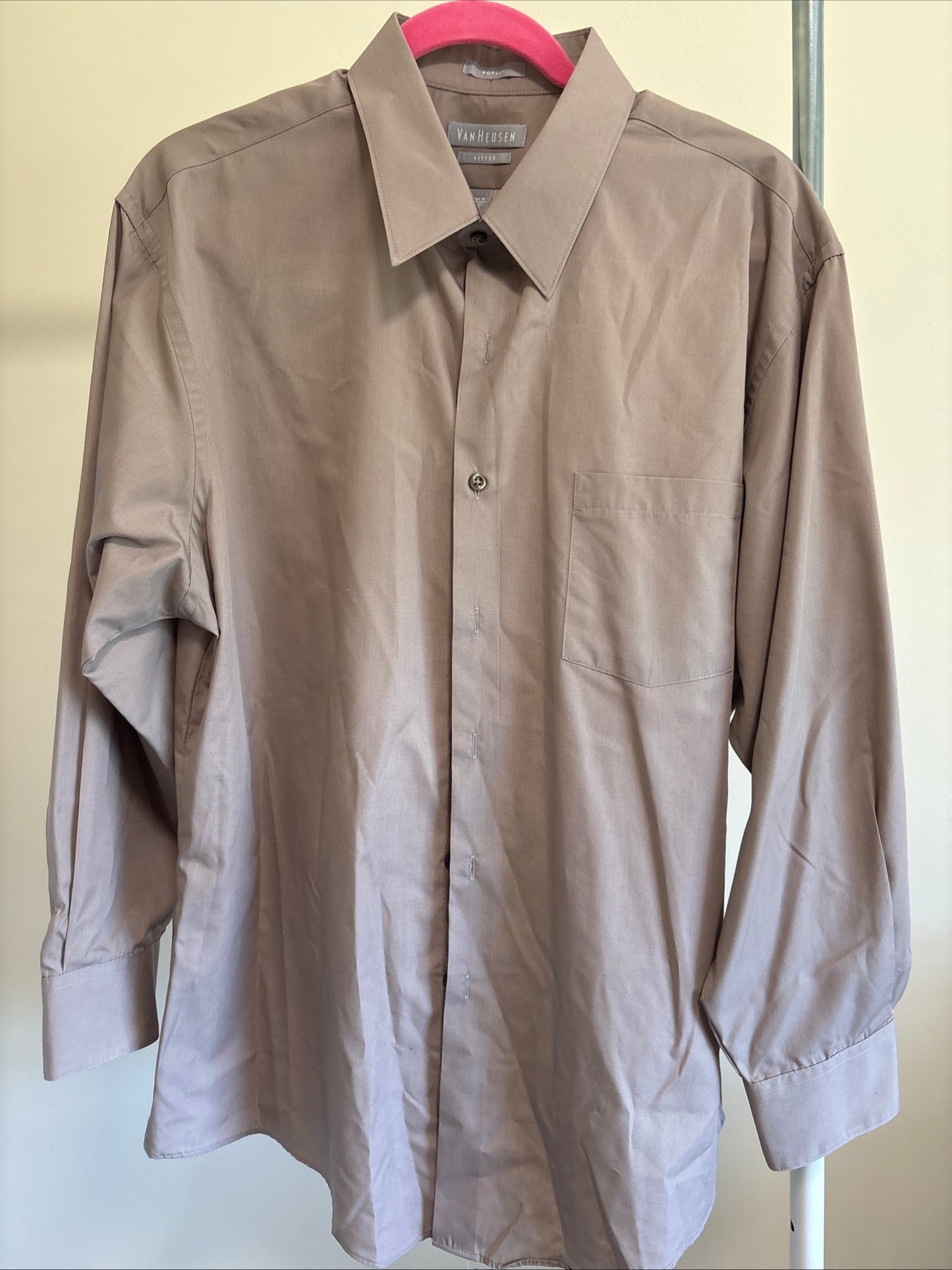 Men's Van Heusen Fitted, Button Down, Poplin, Long Sleeve, Greige - Size 17.5 32/33