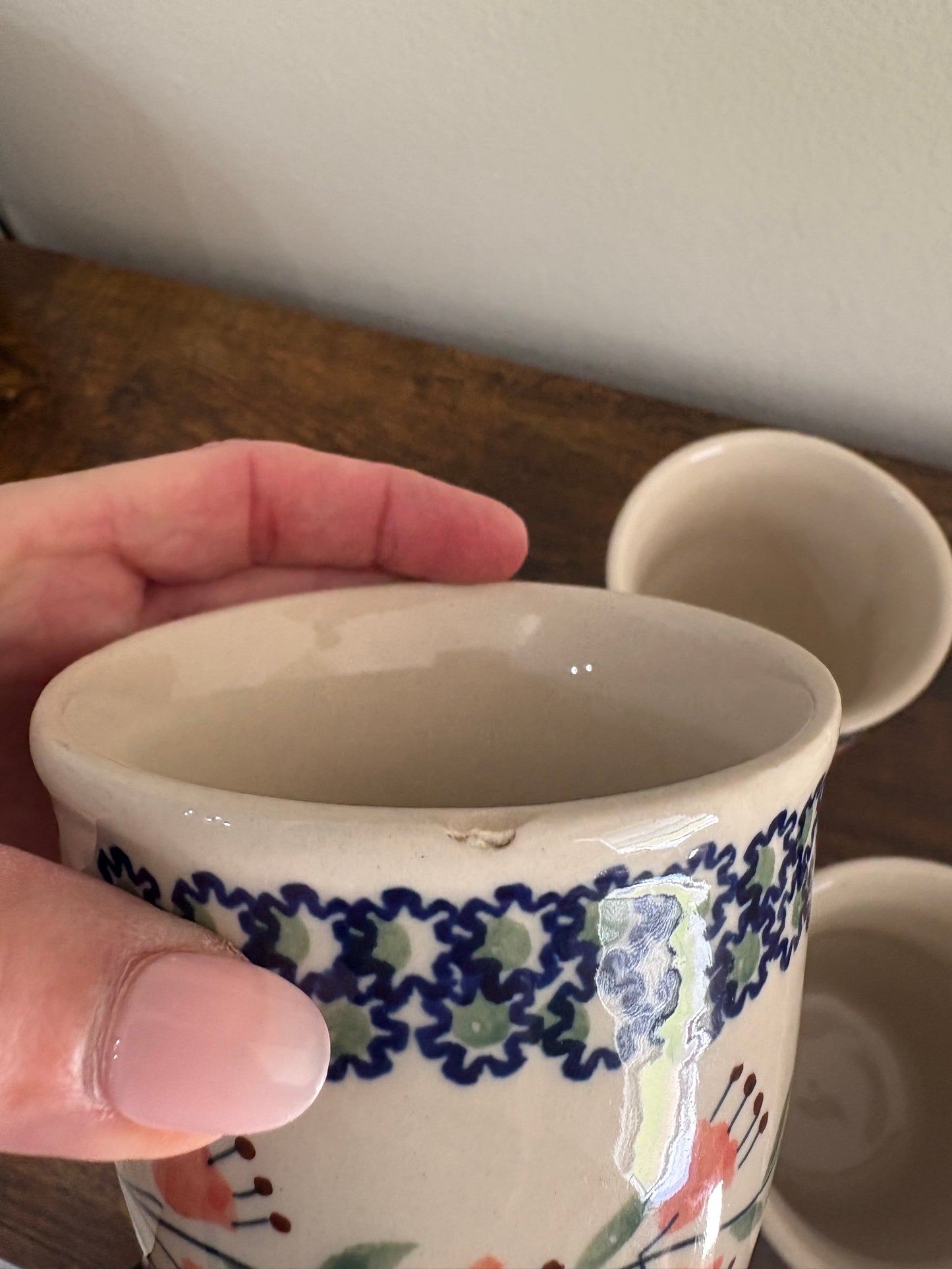 Boleslawiec Polish Pottery Coffee Cup Mug, Floral Blue Green Set 4