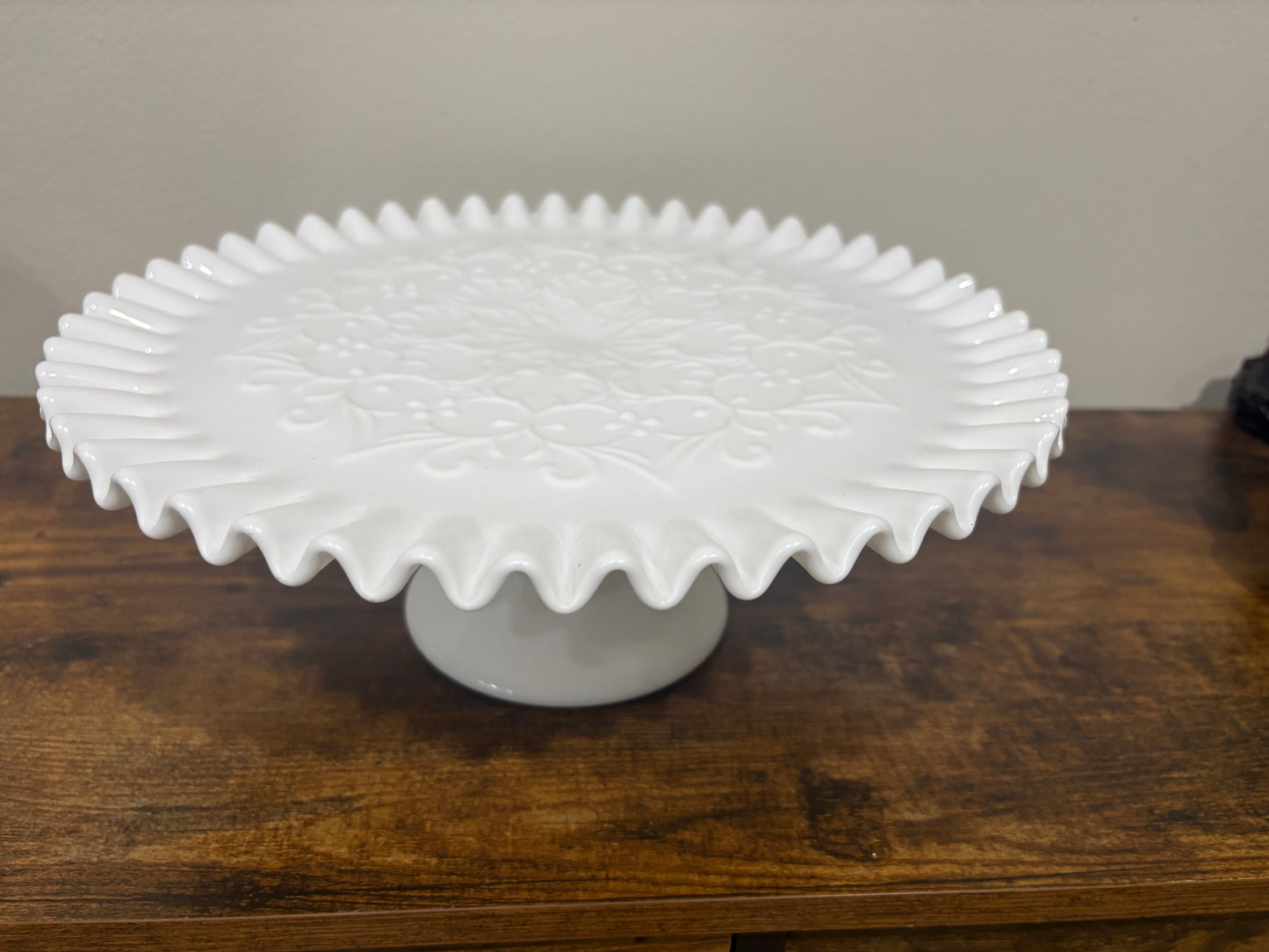 Pedestal Cake Stand 13" - Fenton Spanish Lace Ruffled Edge White Milk Glass Vintage
