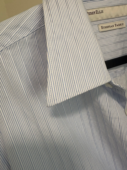 Women's Perry Ellis Button Down Long Sleeve Shirt, Blue Pinstripe - Size L