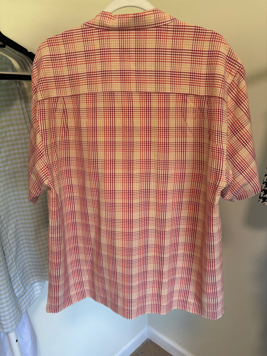 Men's Tommy Bahama 100% Silk, Button Up, Short Sleeve Shirt, Red Orange Plaid - Size Medium