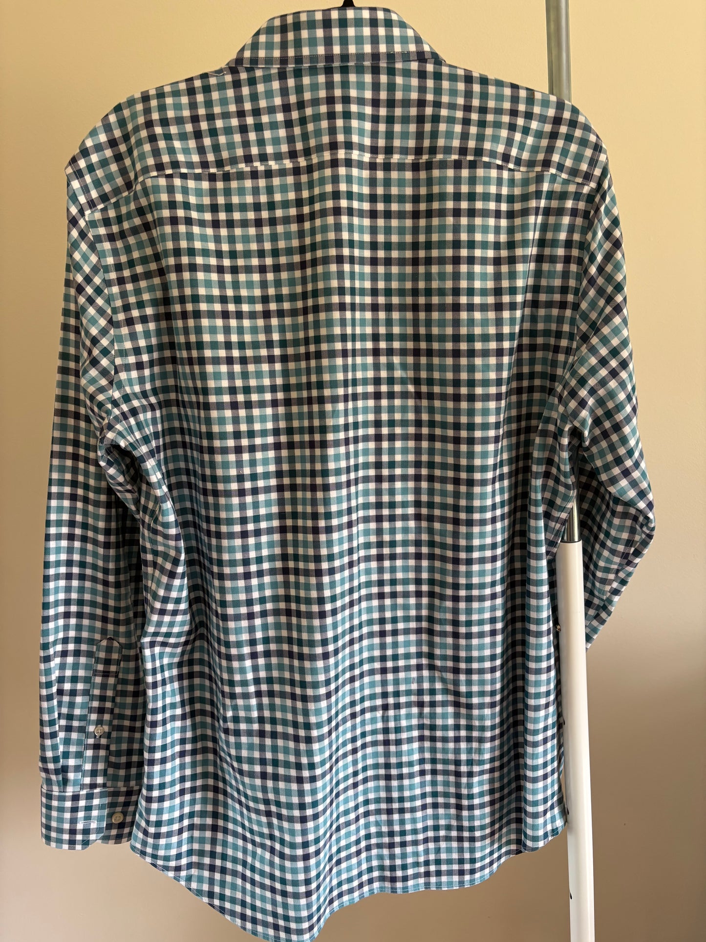 Men's Banana Republic Long Sleeve No Iron Tailored Slim Shirt - Navy Teal White Plaid - Size L