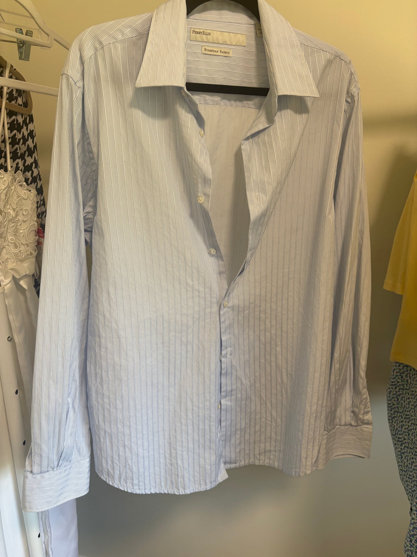 Women's Perry Ellis Button Down Long Sleeve Shirt, Blue Pinstripe - Size L