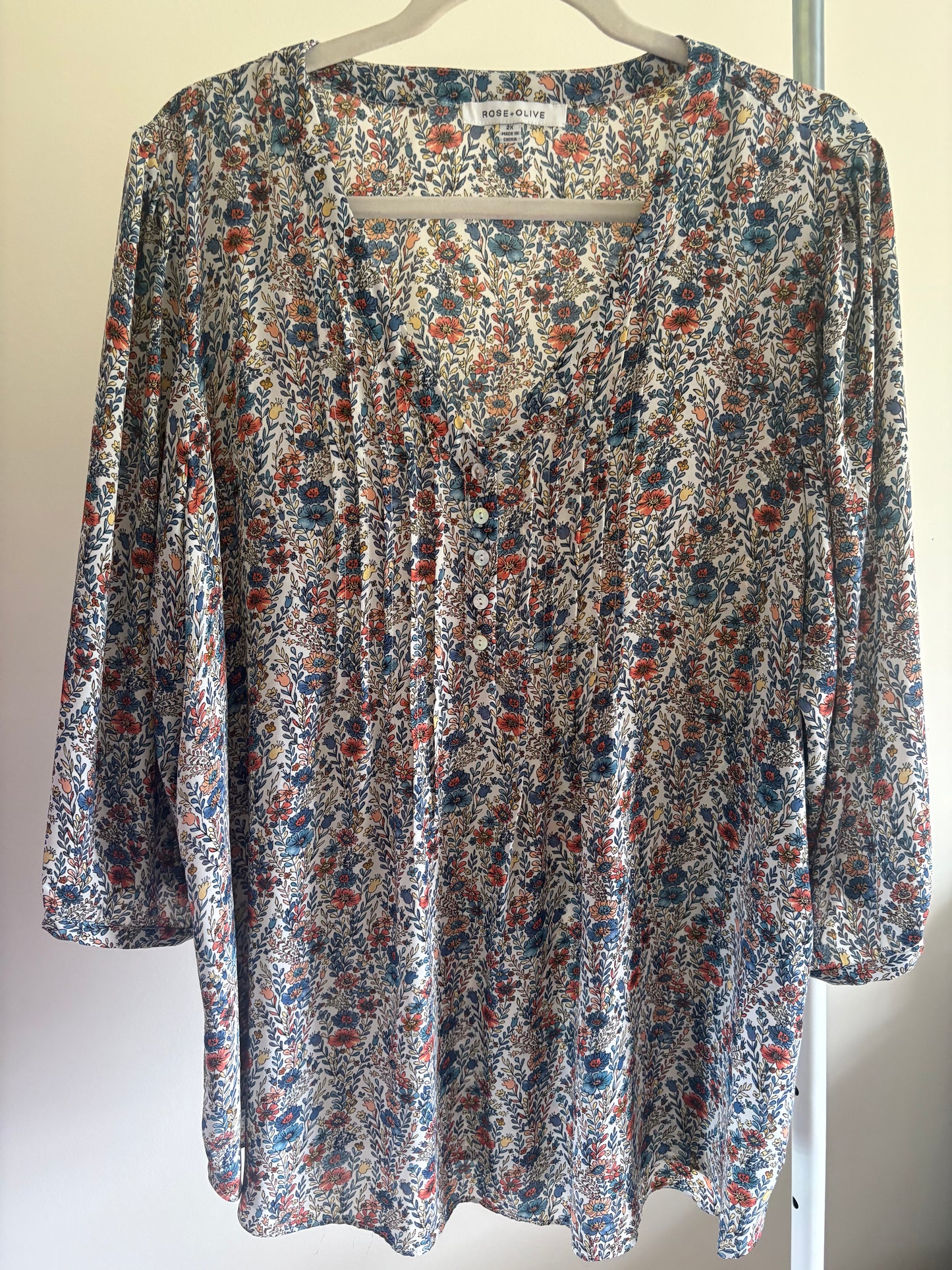 Women's Rose + Olive Boho Peasant Tunic, Floral, 3/4 Sleeve - Size 2X