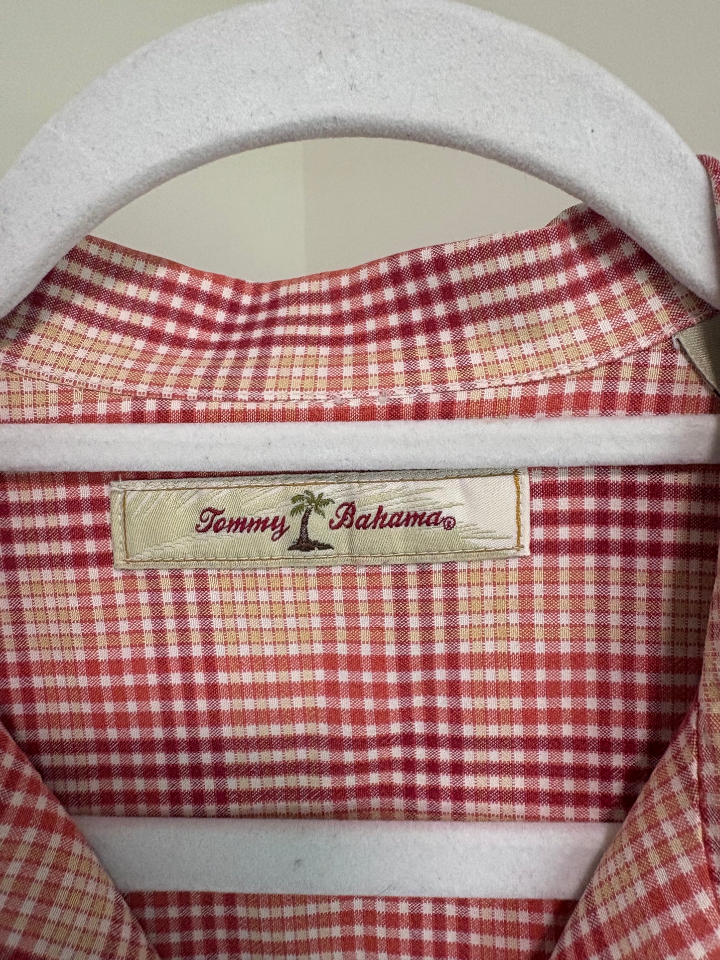Men's Tommy Bahama 100% Silk, Button Up, Short Sleeve Shirt, Red Orange Plaid - Size Medium