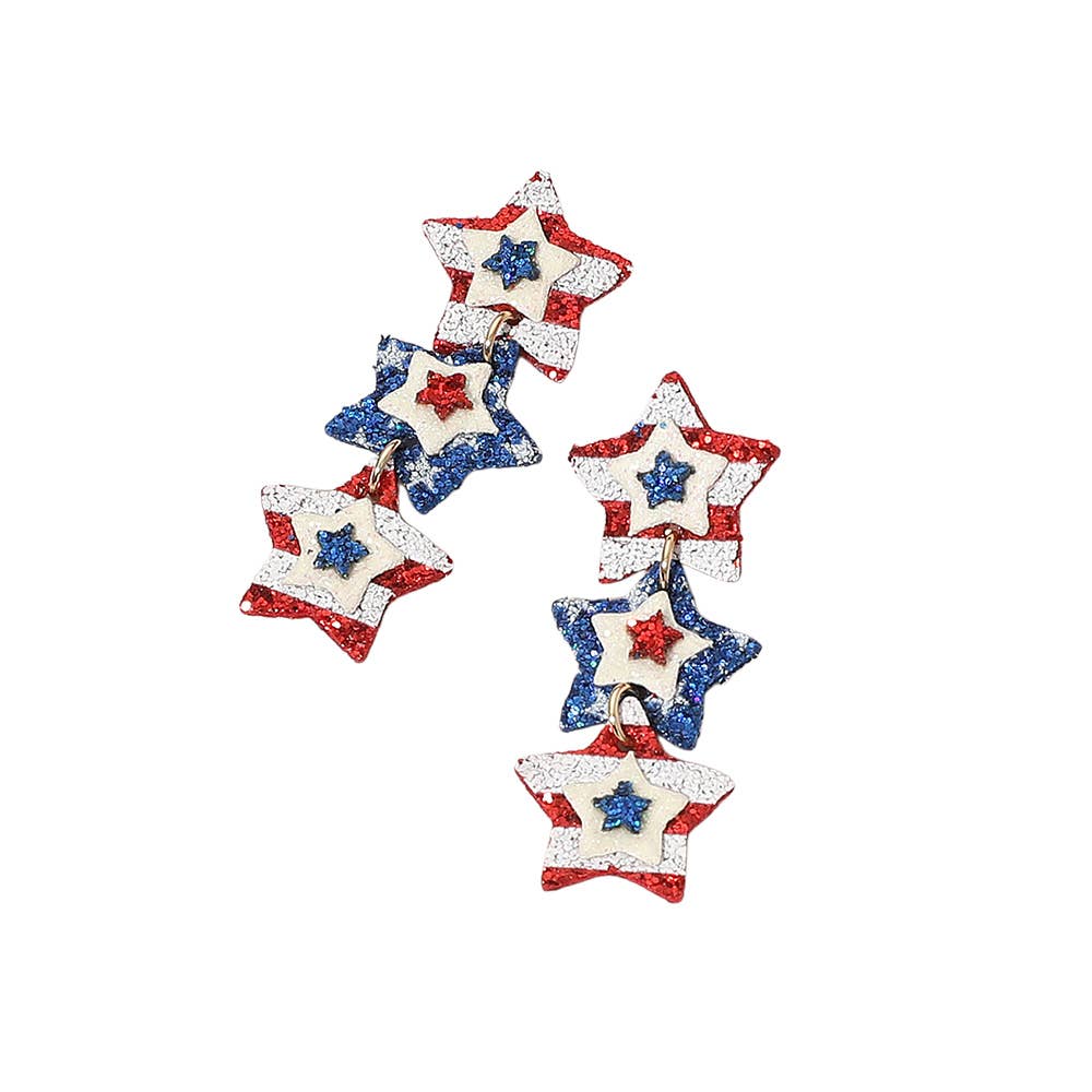 Glittered American USA Flag Triple Star Link Earrings