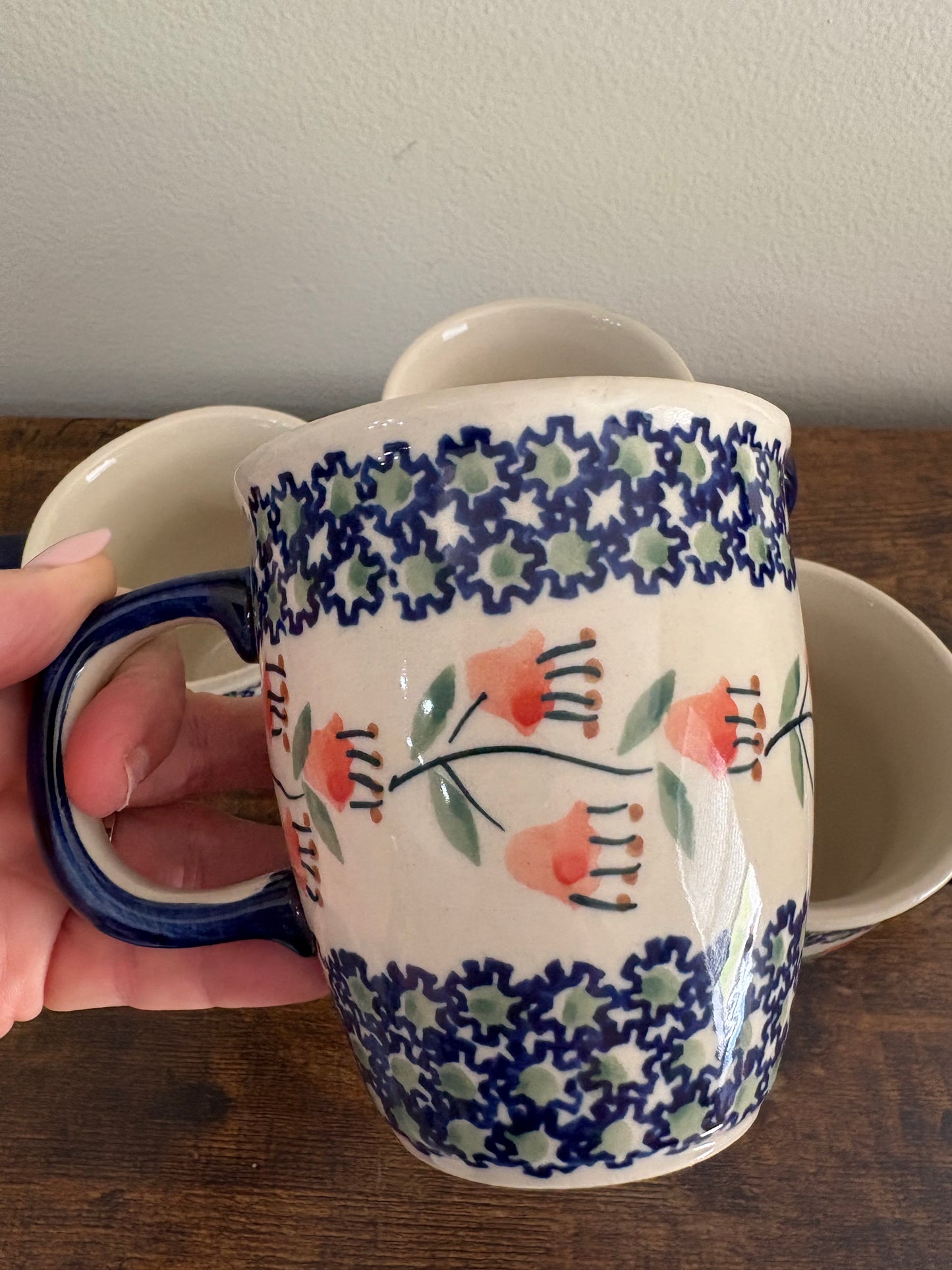 Boleslawiec Polish Pottery Coffee Cup Mug, Floral Blue Green Set 4