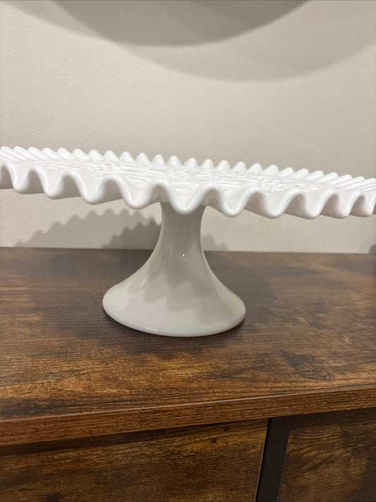Pedestal Cake Stand 13" - Fenton Spanish Lace Ruffled Edge White Milk Glass Vintage