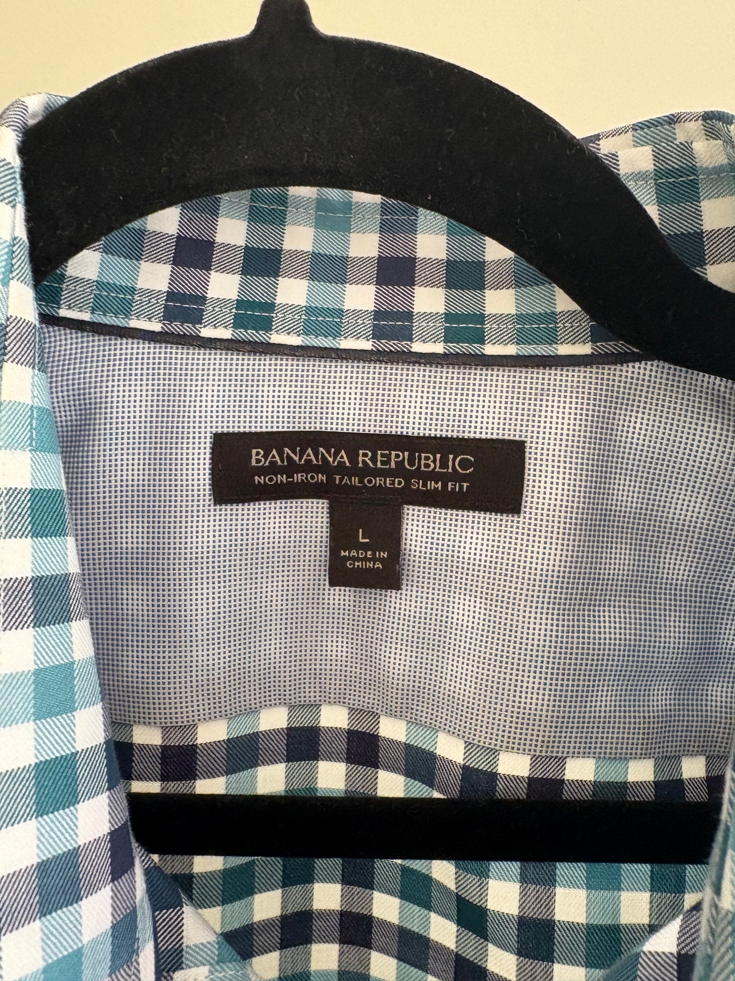 Men's Banana Republic Long Sleeve No Iron Tailored Slim Shirt - Navy Teal White Plaid - Size L