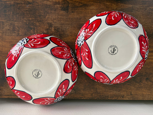 Ivanros Hand Painted Spain Ceramic Bowl - Set of 2 - Red with Flowers/Floral - 9.25” Diameter