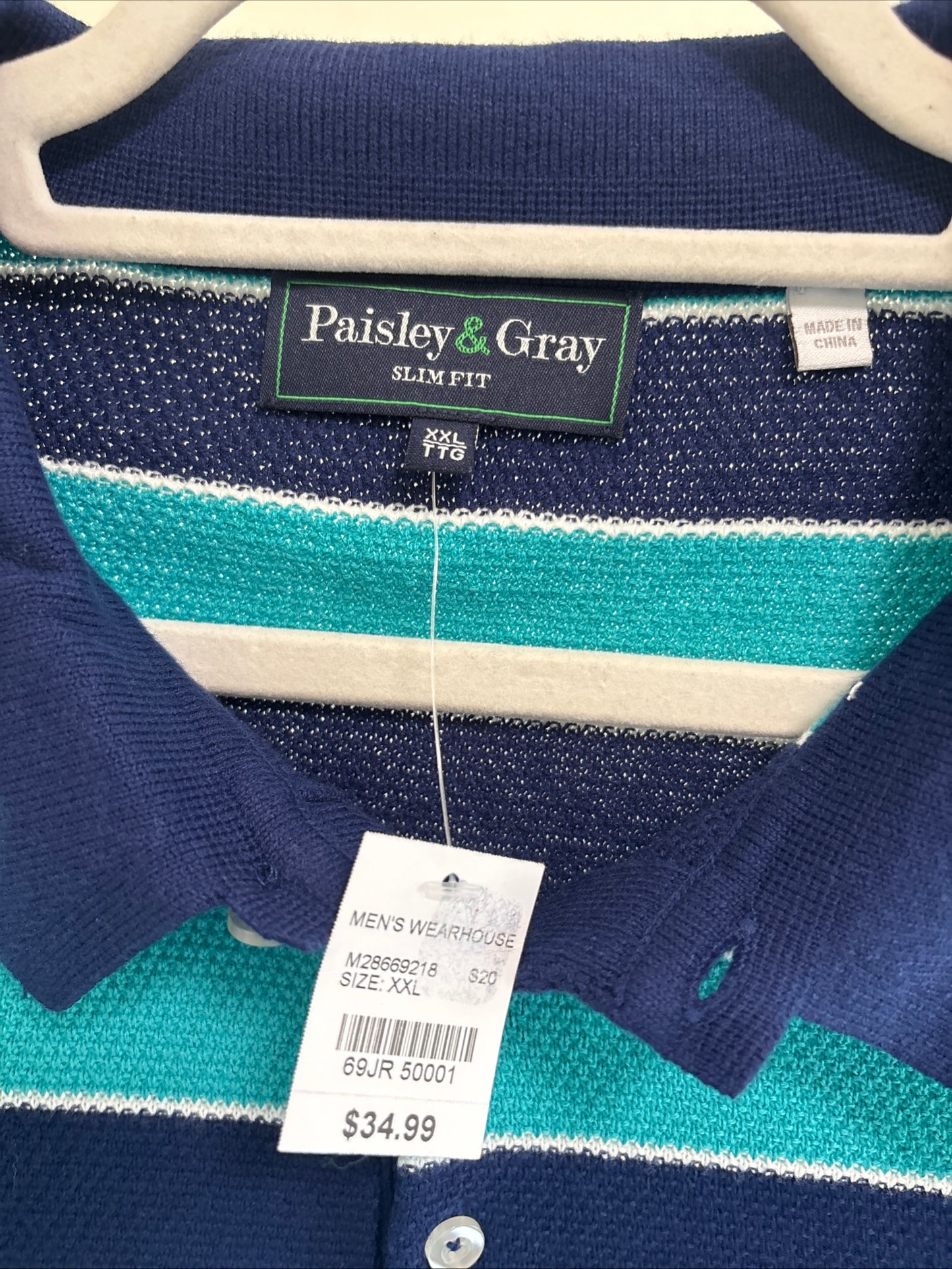 Men's Paisley & Gray Knit Polo, Slim Fit, Navy / Teal / White - Size XXL 2X, New with tags