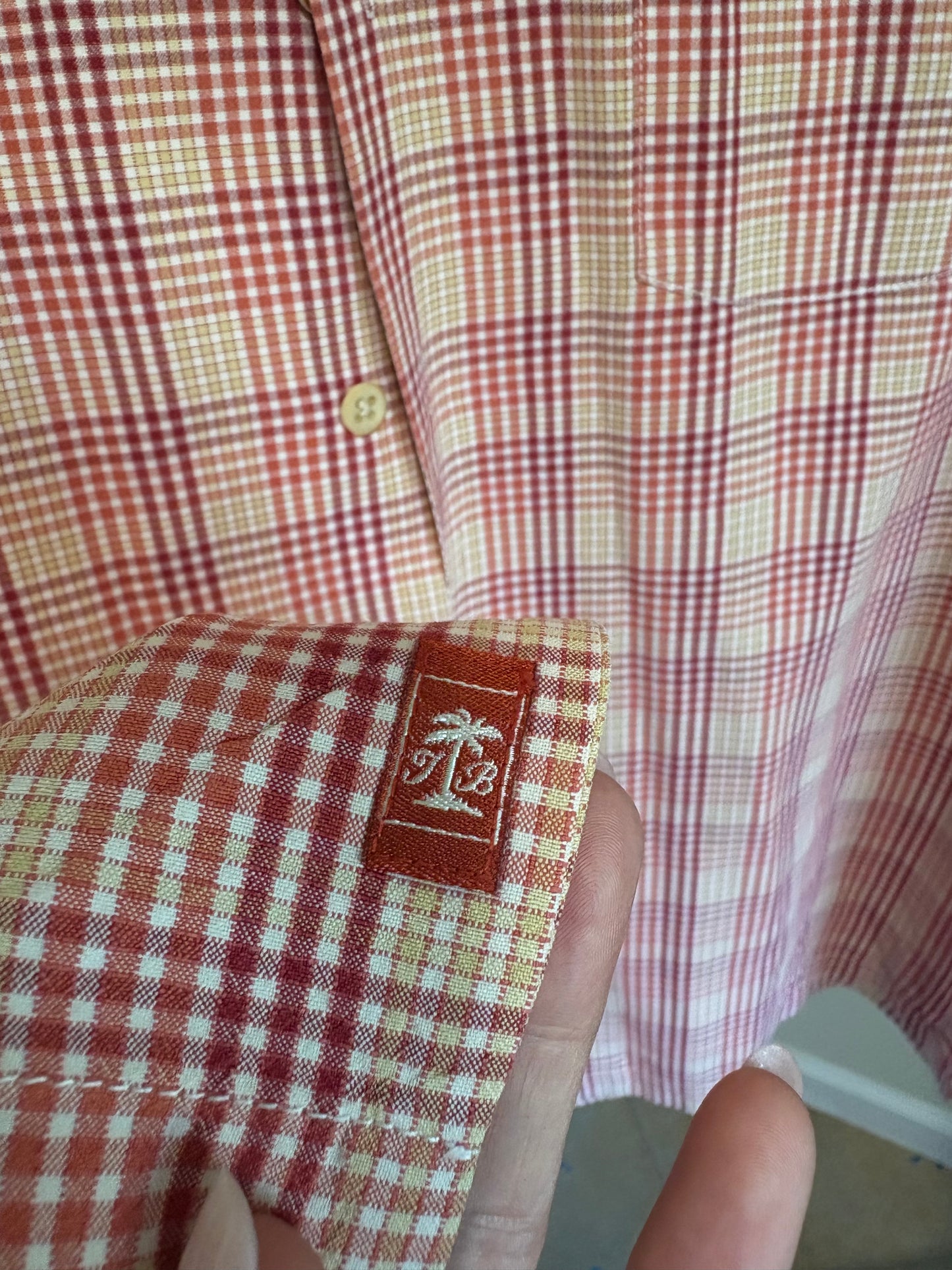 Men's Tommy Bahama 100% Silk, Button Up, Short Sleeve Shirt, Red Orange Plaid - Size Medium