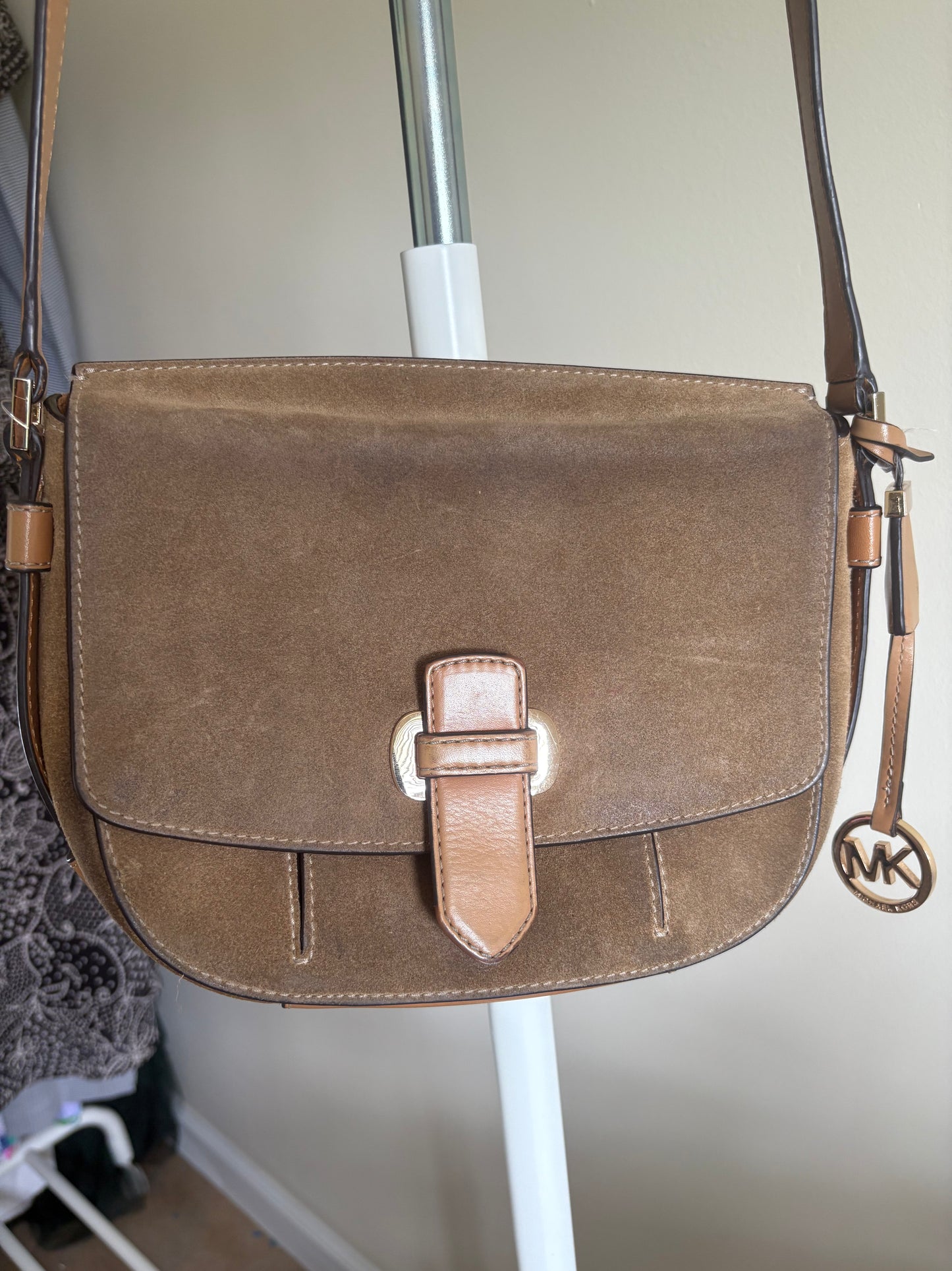 Purse: Michael Kors Romy Messenger Crossbody Purse, Medium Size, Suede Leather, Desert Gold