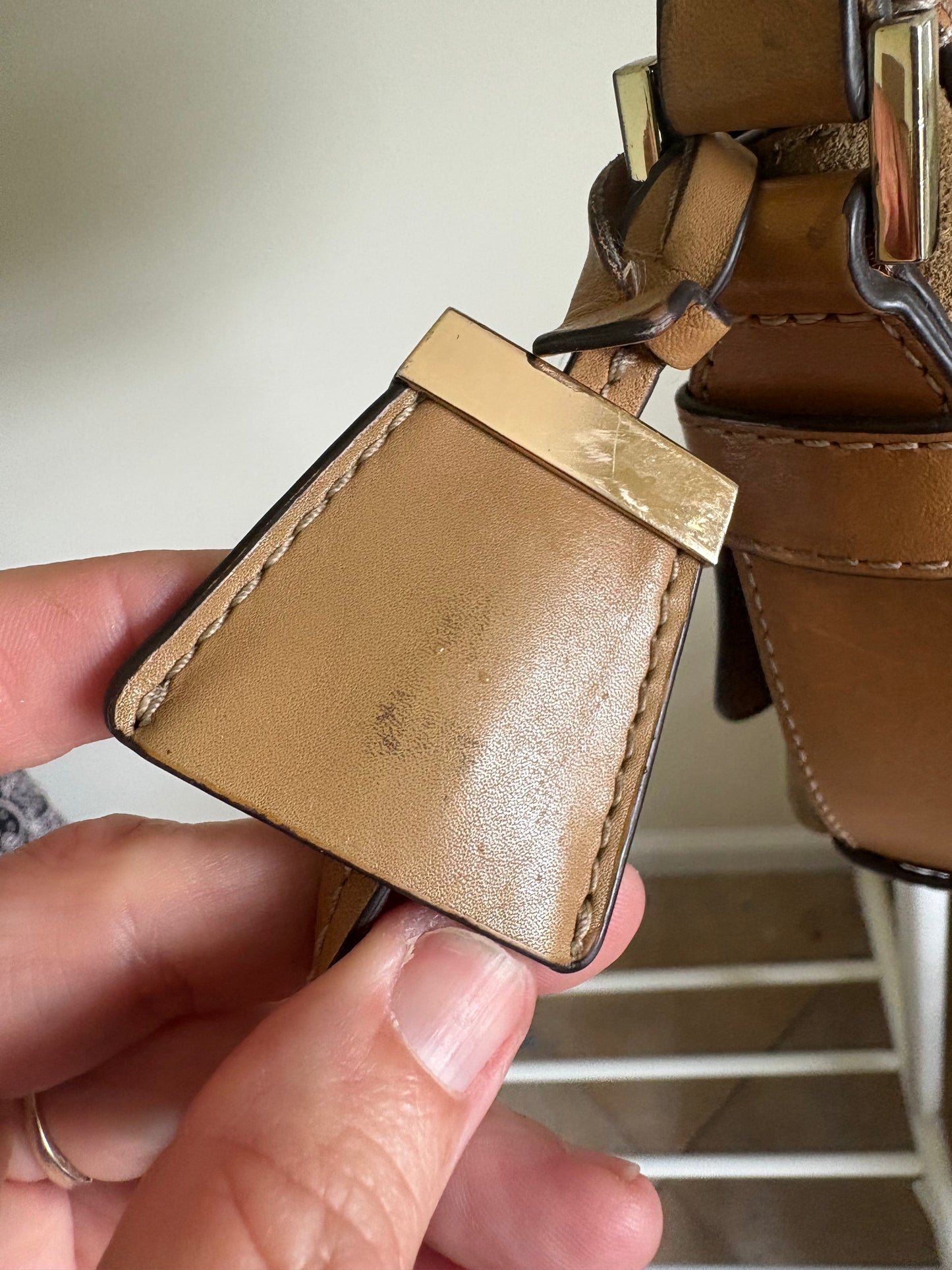 Purse: Michael Kors Romy Messenger Crossbody Purse, Medium Size, Suede Leather, Desert Gold