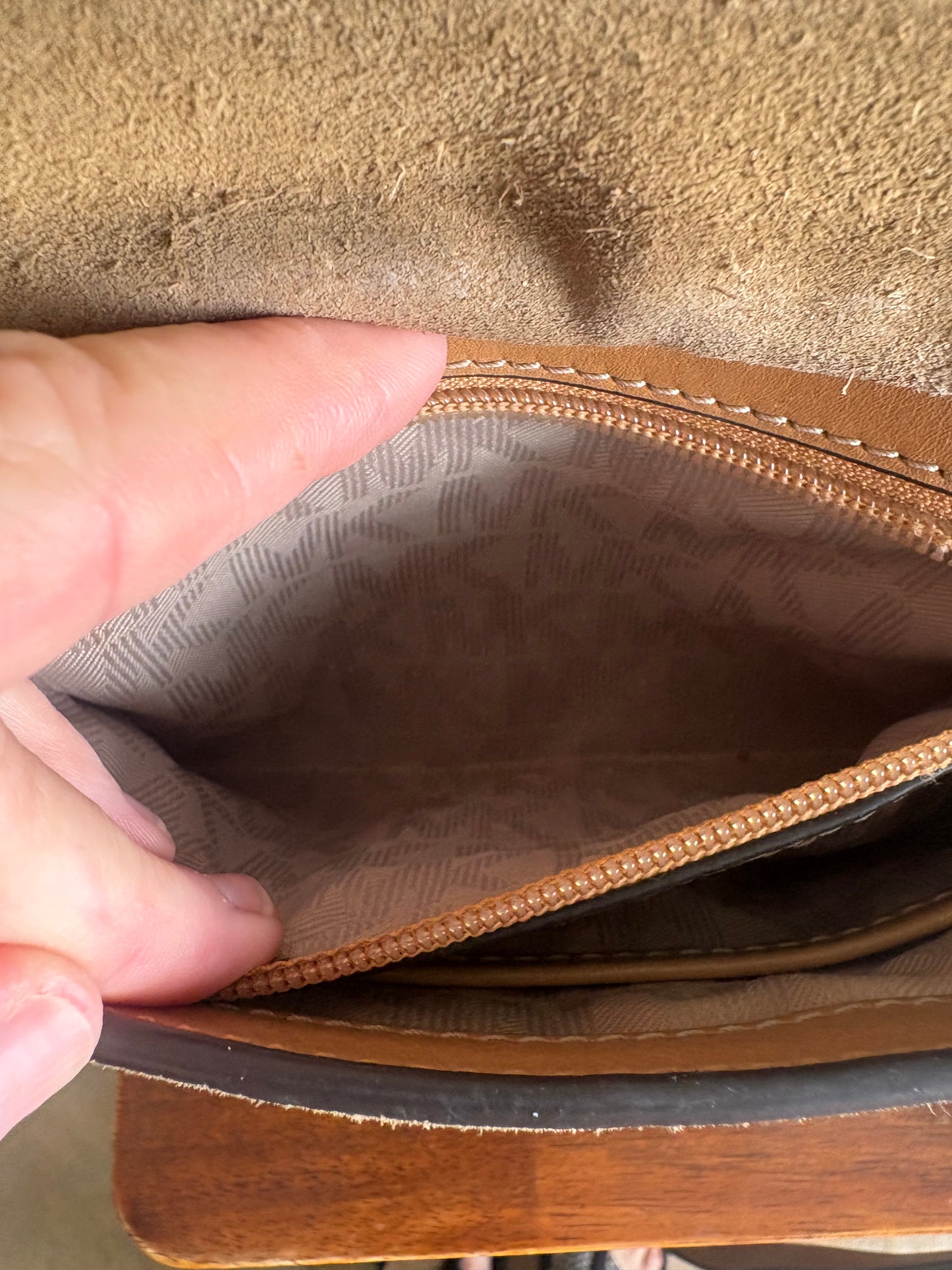 Purse: Michael Kors Romy Messenger Crossbody Purse, Medium Size, Suede Leather, Desert Gold