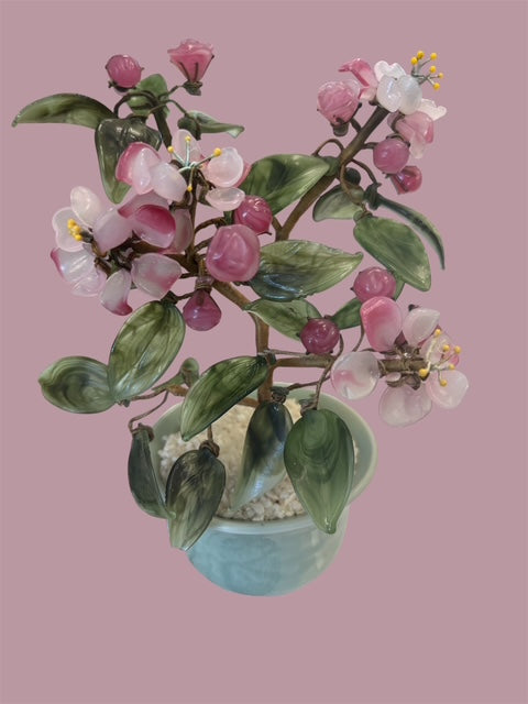 VTG Asian Jade Glass Bonsai Flower Tree