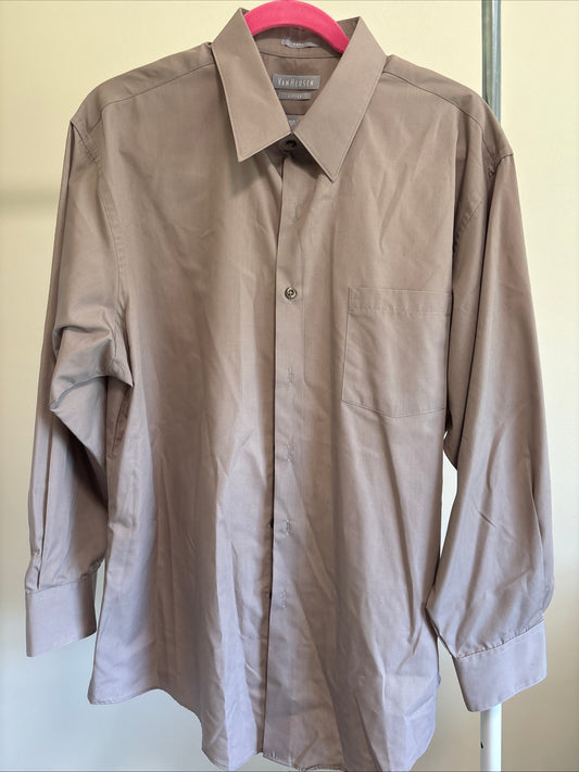 Men's Van Heusen Fitted, Button Down, Poplin, Long Sleeve, Greige - Size 17.5 32/33