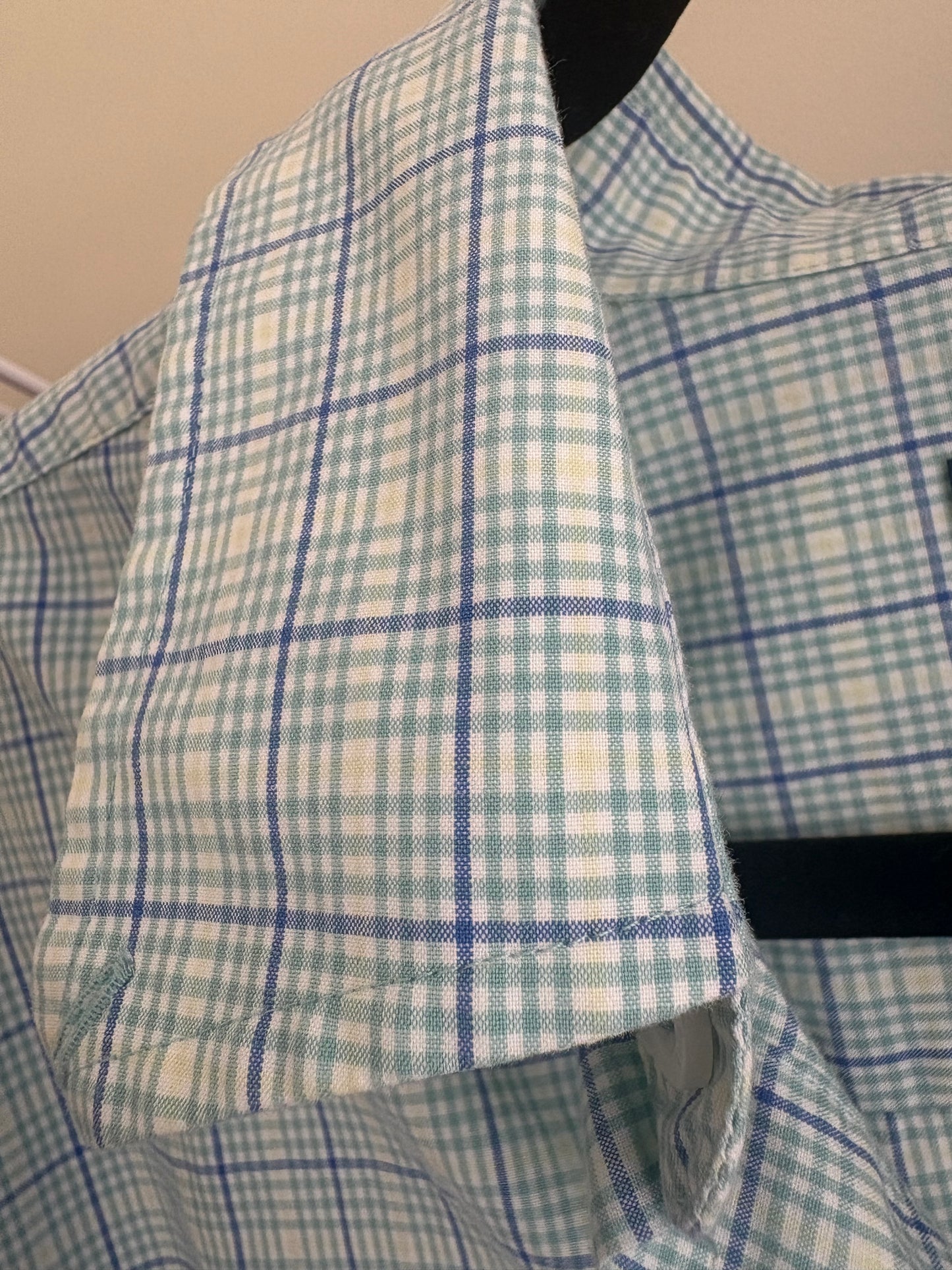 Men’s Fish Hippie Shirt, Long Sleeve, Button Down, Blue and Green Striped Plaid - Size Large
