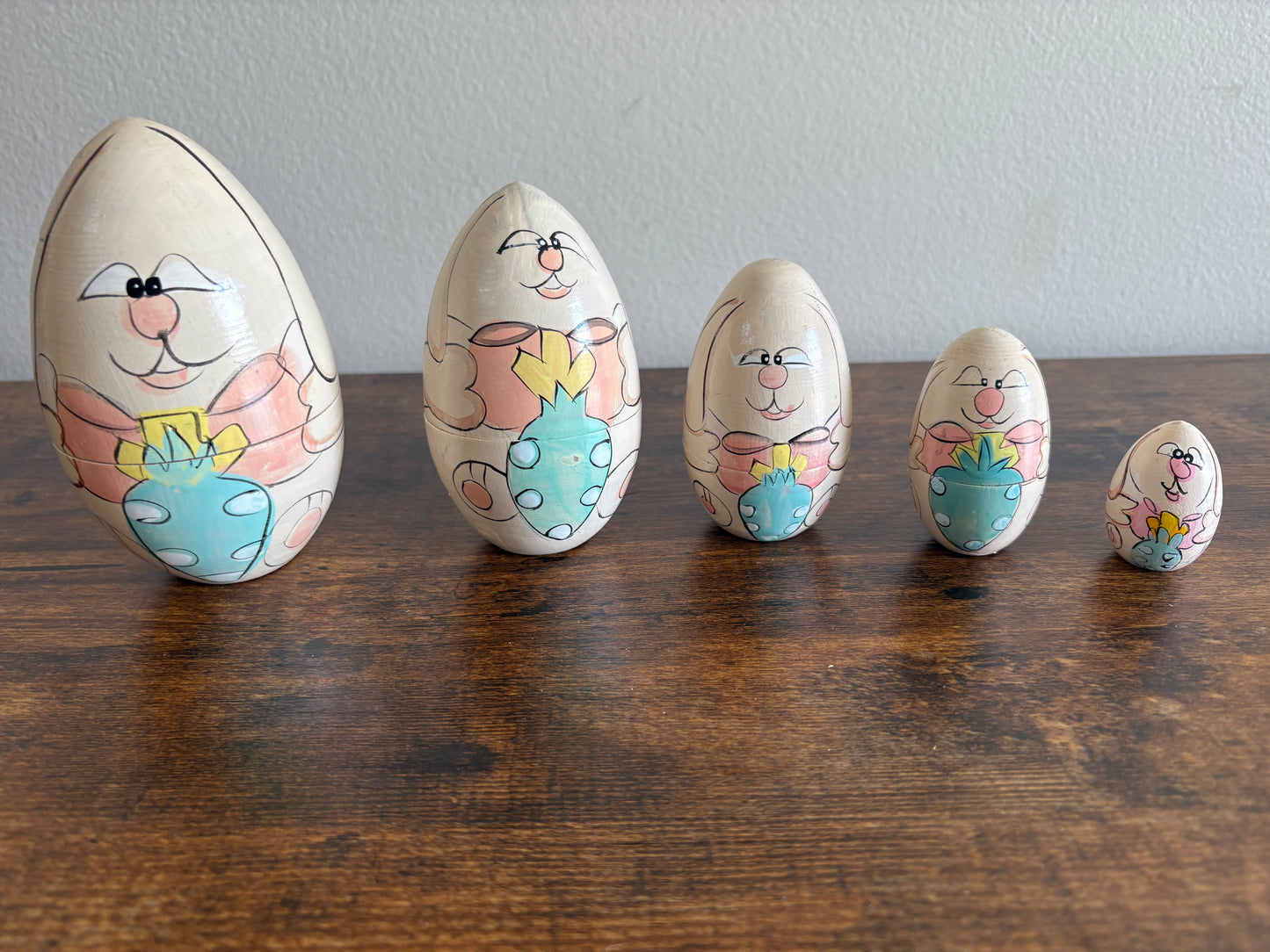 D - Set of 5 Nesting Dolls Bunny Rabbits Easter Eggs Hand painted Spring Wooden Décor