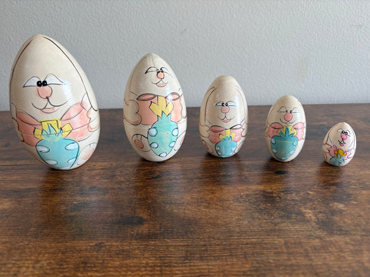 D - Set of 5 Nesting Dolls Bunny Rabbits Easter Eggs Hand painted Spring Wooden Décor