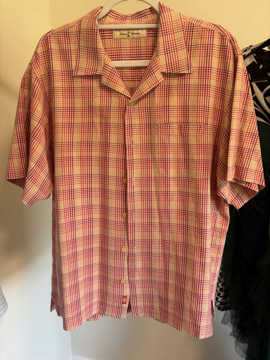 Men's Tommy Bahama 100% Silk, Button Up, Short Sleeve Shirt, Red Orange Plaid - Size Medium