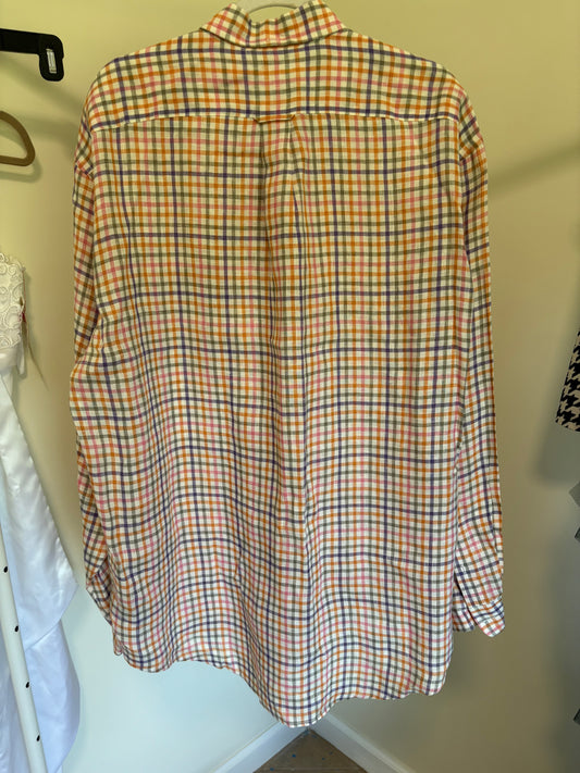 Men's FACONNABLE Button Down Long Sleeve LINEN Shirt, pastel plaid - Size Medium