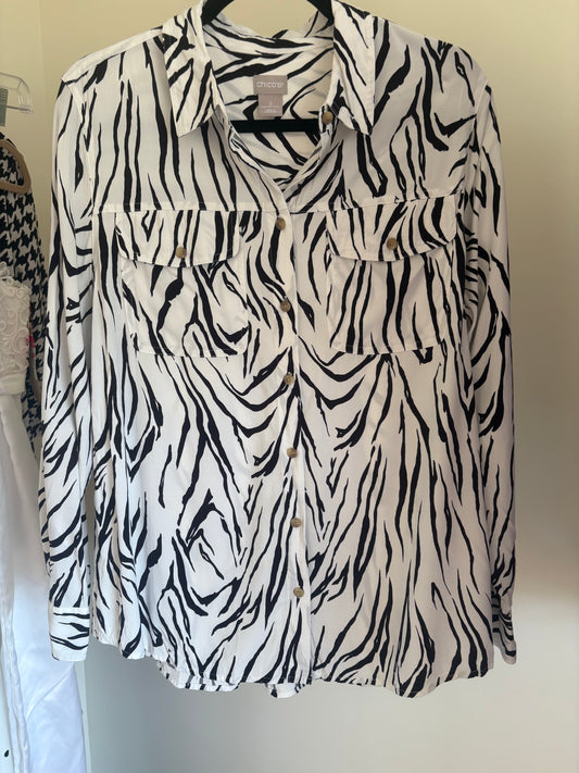 T - Women's Chicos Black and White Zebra pattern Long Sleeve Blouse Shirt Top - Size LARGE US 12-14