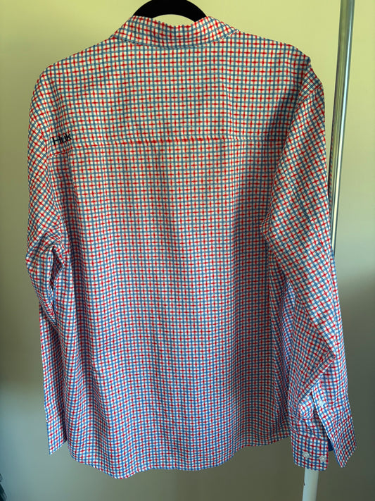 Men’s HUK Long Sleeve Button Down Shirt - White Blue Orange Geometric - Size Large