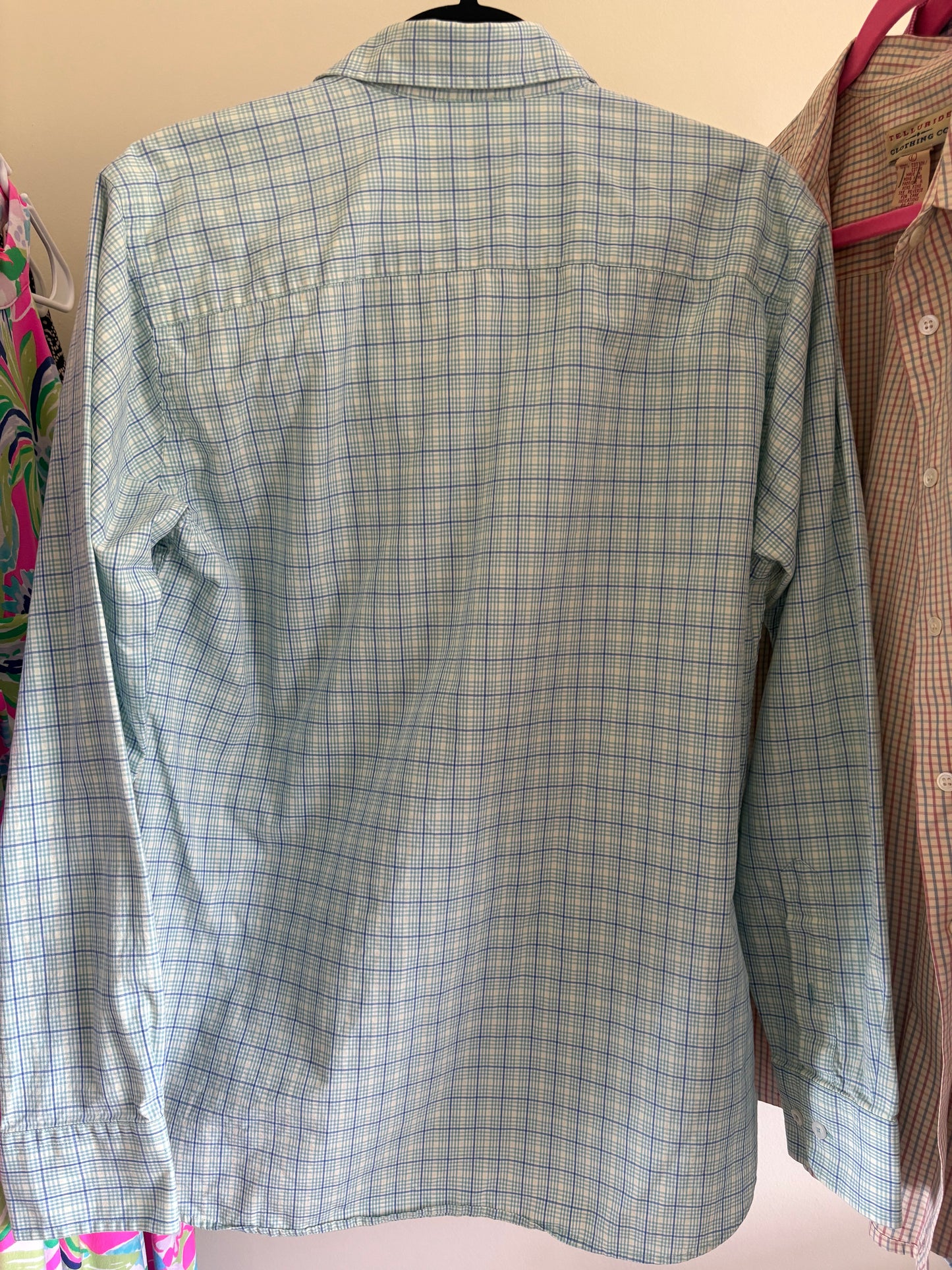 Men’s Fish Hippie Shirt, Long Sleeve, Button Down, Blue and Green Striped Plaid - Size Large