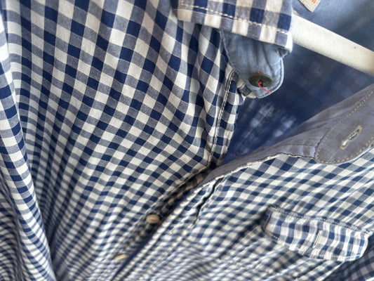 T - Men's Tommy Bahama Jeans Island Crafted, Modern Fit, Short Sleeve, Blue and White Gingham Shirt - Size XXL