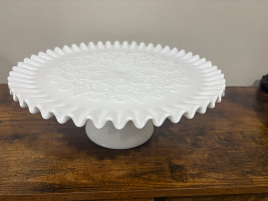Pedestal Cake Stand 13" -  Fenton Spanish Lace Ruffled Edge White Milk Glass Vintage