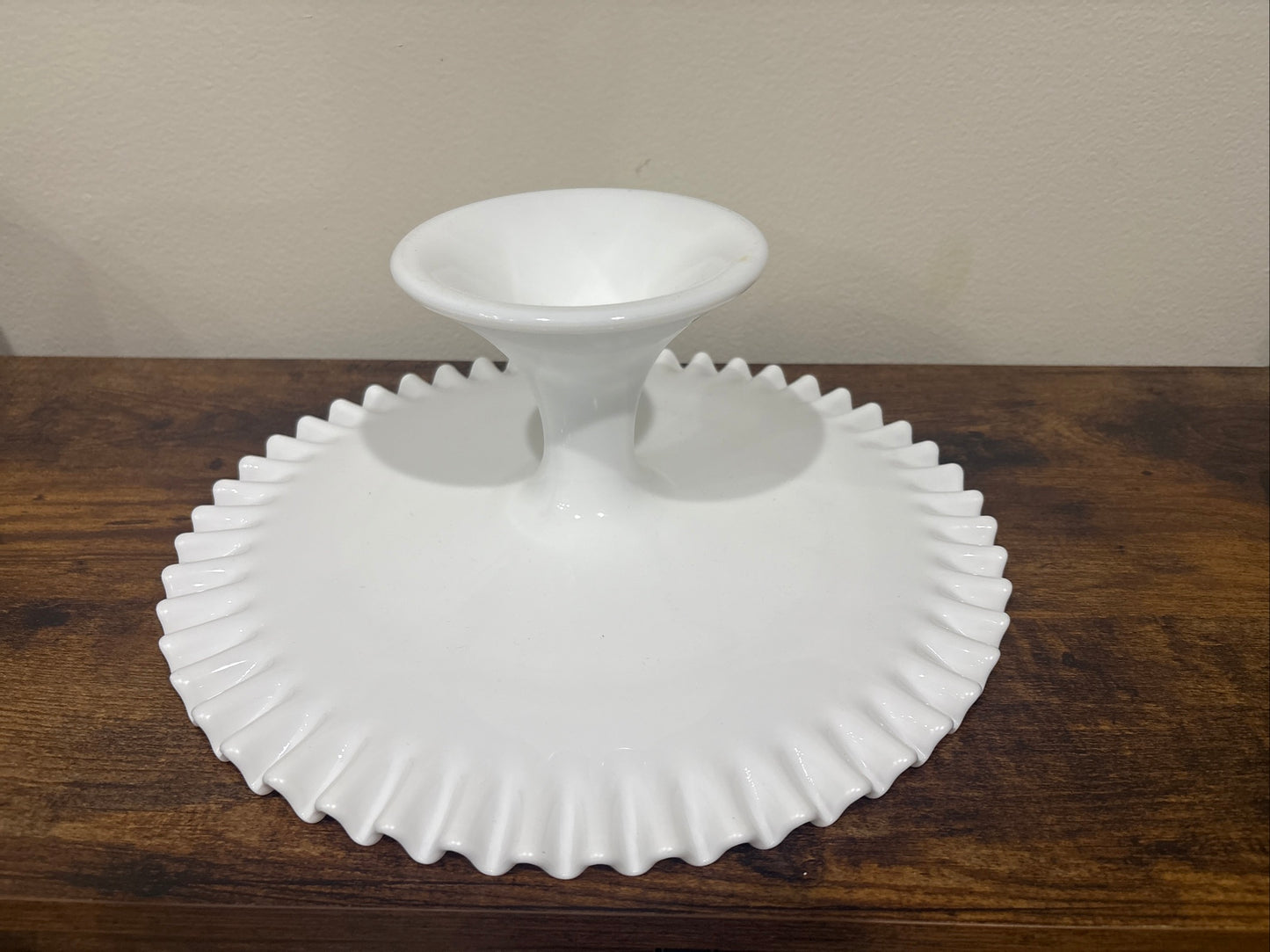 Pedestal Cake Stand 13" -  Fenton Spanish Lace Ruffled Edge White Milk Glass Vintage