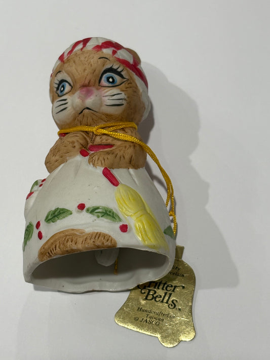 Jasco Vintage Critter Bells Porcelain Bisque 1980 Sweeping Bunny Christmas