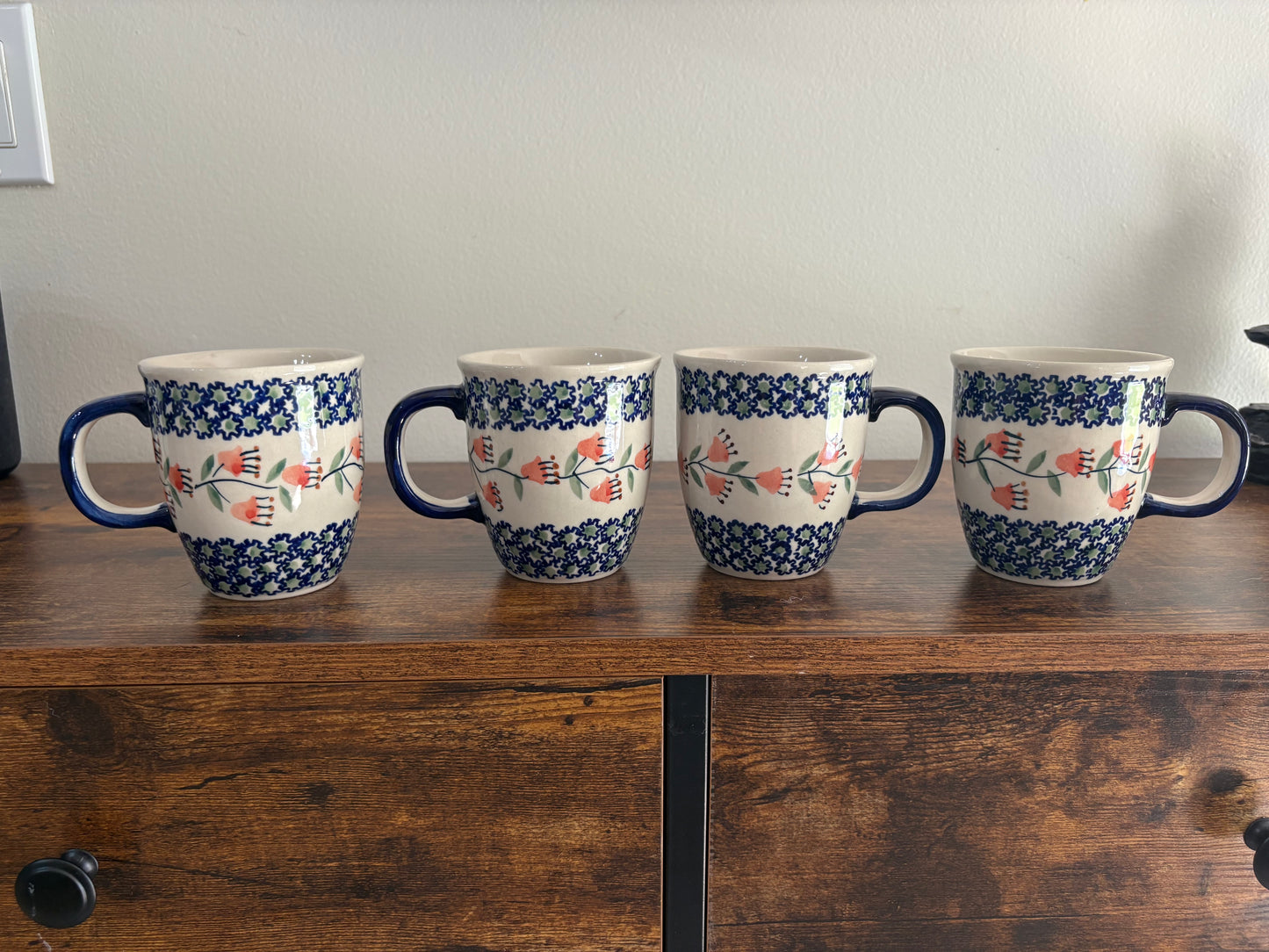 Boleslawiec Polish Pottery Coffee Cup Mug, Floral Blue Green Set 4