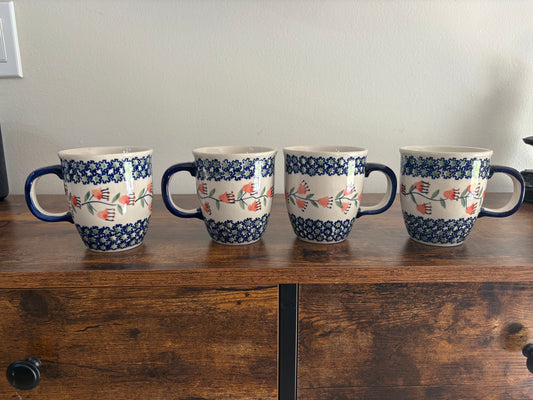 Boleslawiec Polish Pottery Coffee Cup Mug, Floral Blue Green Set 4