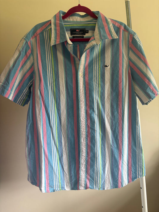 Men's Vineyard Vines Classic Fit Short Sleeve Button Up Shirt, Pastel Multi Striped - Size XL