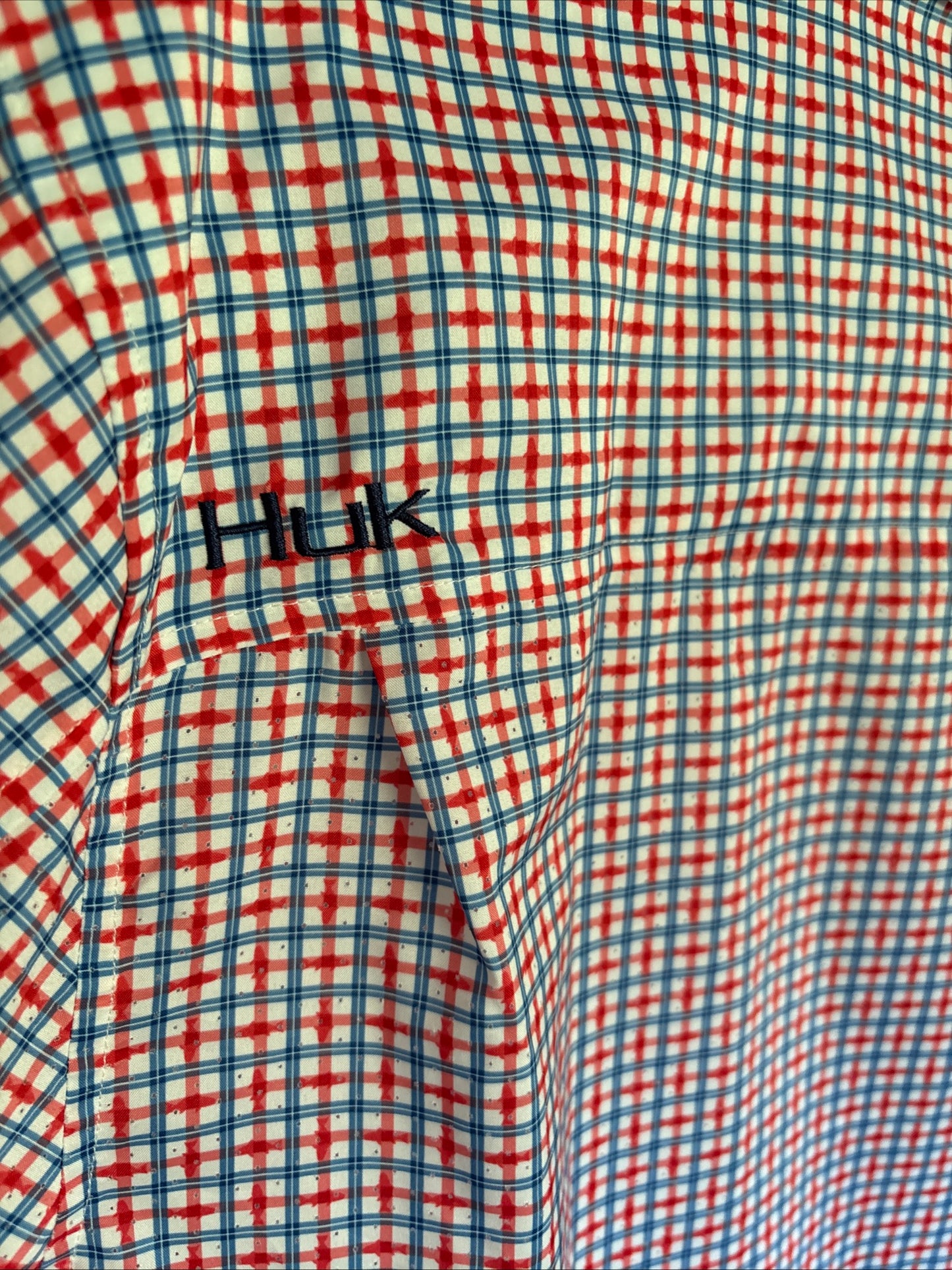 Men’s HUK Long Sleeve Button Down Shirt - White Blue Orange Geometric - Size Large