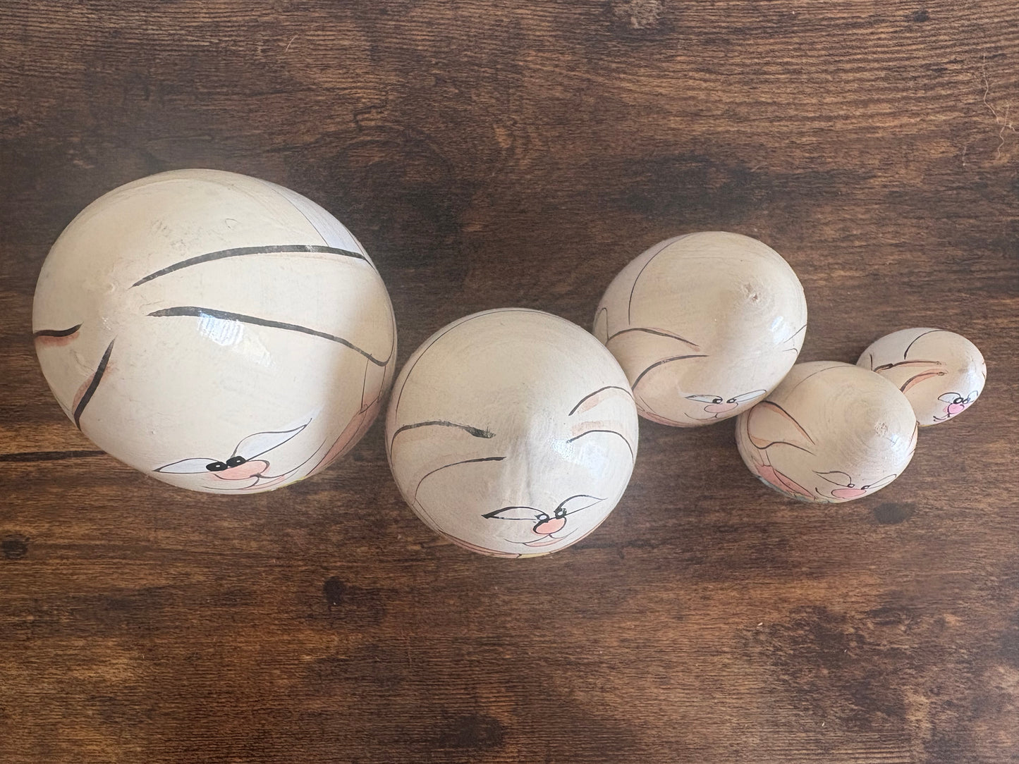 D - Set of 5 Nesting Dolls Bunny Rabbits Easter Eggs Hand painted Spring Wooden Décor