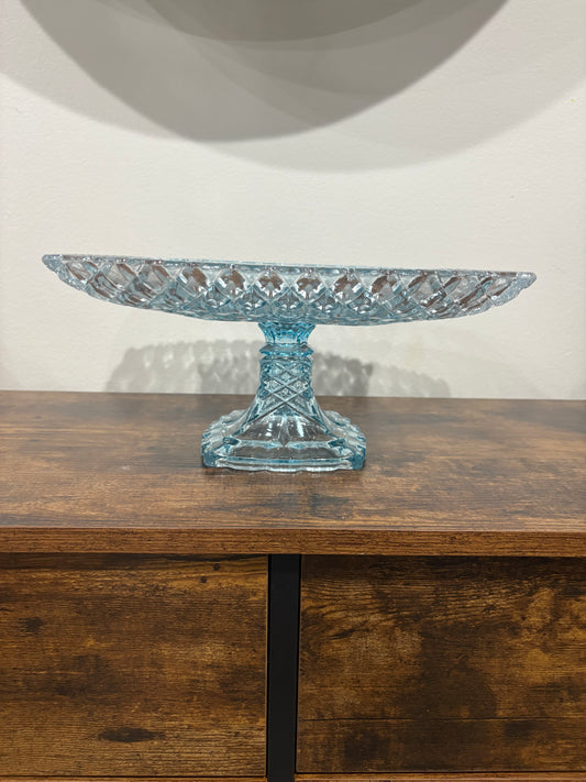 11.5" SQUARE GLASS Pedestal CAKE STAND with DIAGONAL DIAMOND PATTERN