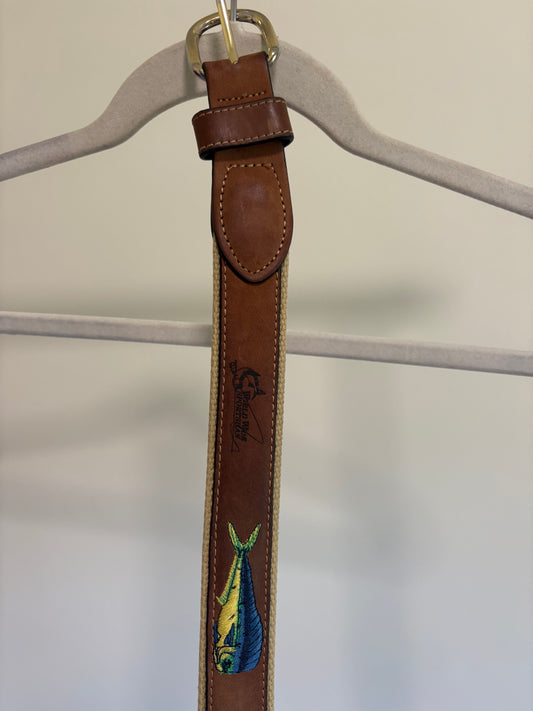 Men's Belt, World Wide Sportsman Belt, Canvas and Leather, Embroidered Mahi - Size 42