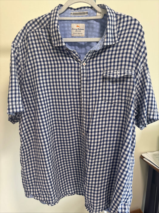 T - Men's Tommy Bahama Jeans Island Crafted, Modern Fit, Short Sleeve, Blue and White Gingham Shirt - Size XXL
