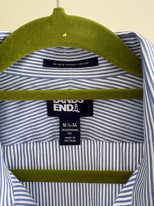 T - Men’s Lands End Long Sleeve Shirt - Supima Pinpoint No Iron Traditional Fit - Size Large 16.25 - 34