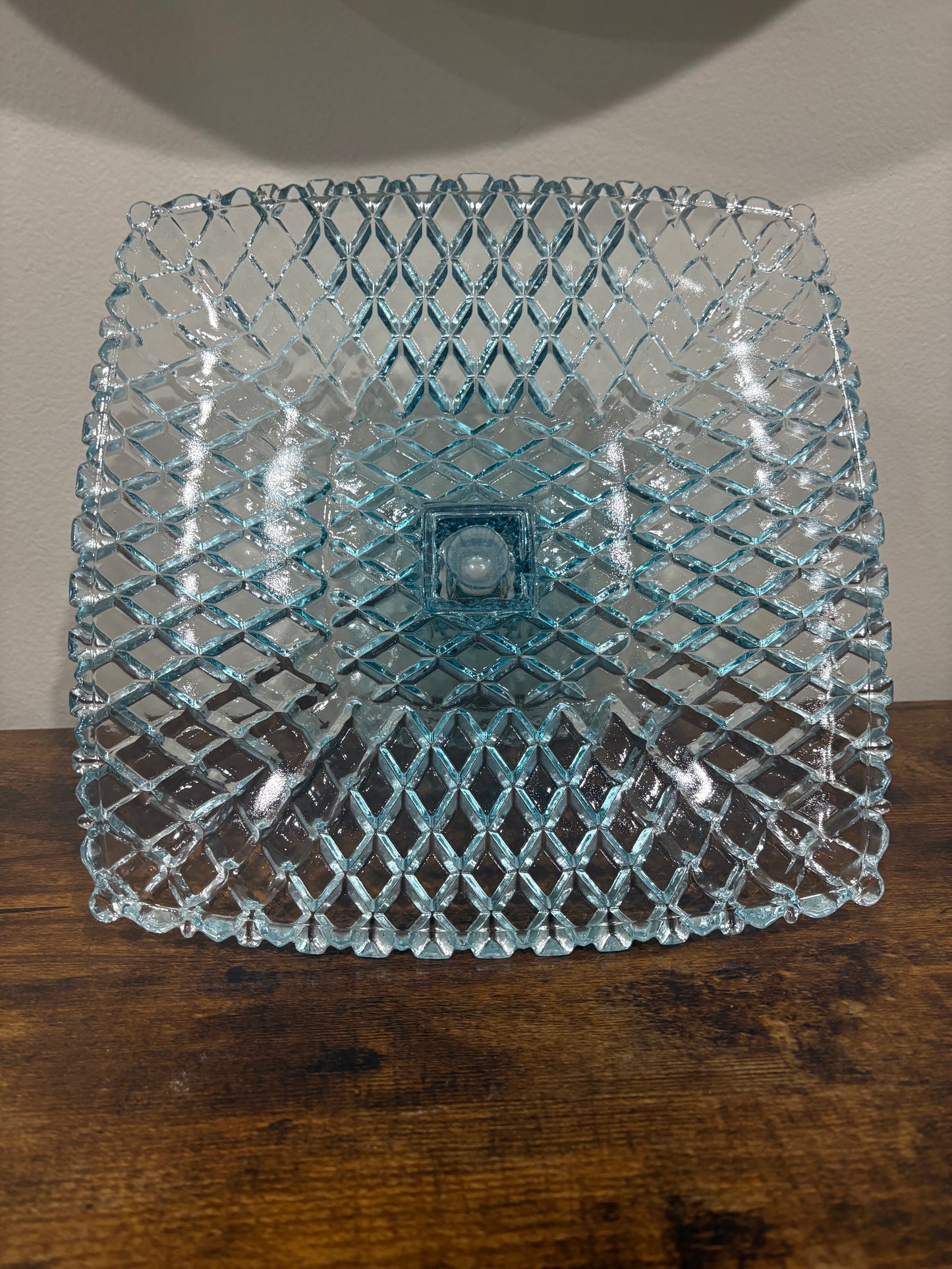 11.5" SQUARE GLASS Pedestal CAKE STAND with DIAGONAL DIAMOND PATTERN