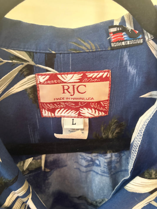 Men's VTG RJC Hawaiian Shirt Size Large Blue Floral Palm Trees Island Button Up Cotton