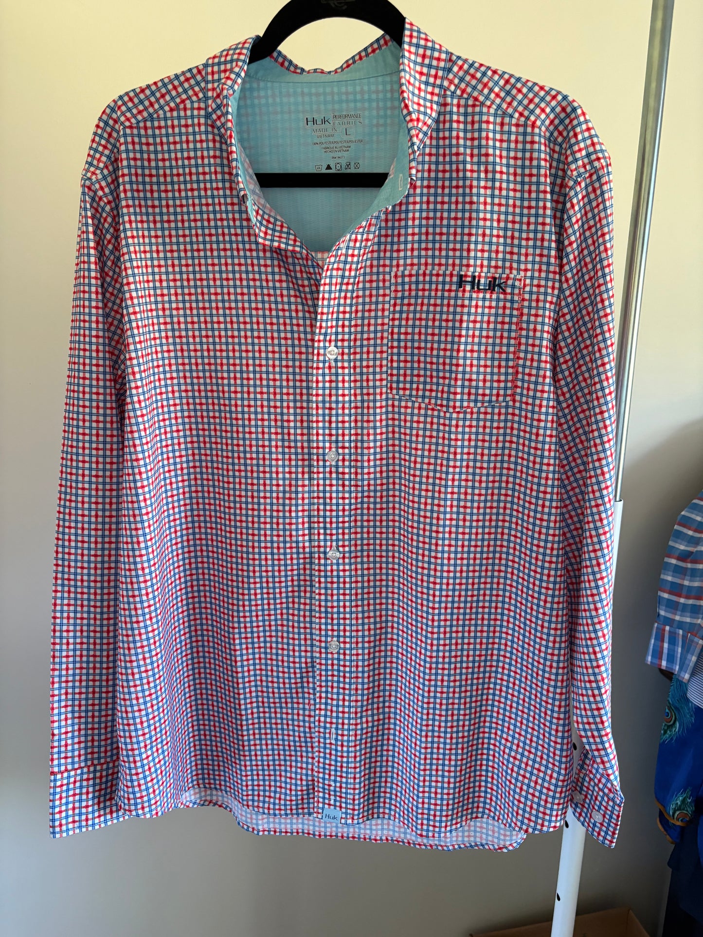 Men’s HUK Long Sleeve Button Down Shirt - White Blue Orange Geometric - Size Large