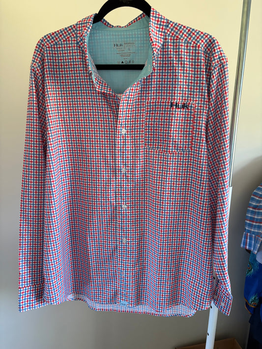 Men’s HUK Long Sleeve Button Down Shirt - White Blue Orange Geometric - Size Large