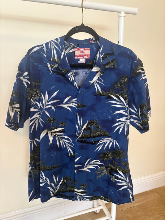 Men's VTG RJC Hawaiian Shirt Size Large Blue Floral Palm Trees Island Button Up Cotton