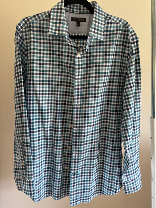Men's Banana Republic Long Sleeve No Iron Tailored Slim Shirt - Navy Teal White Plaid - Size L