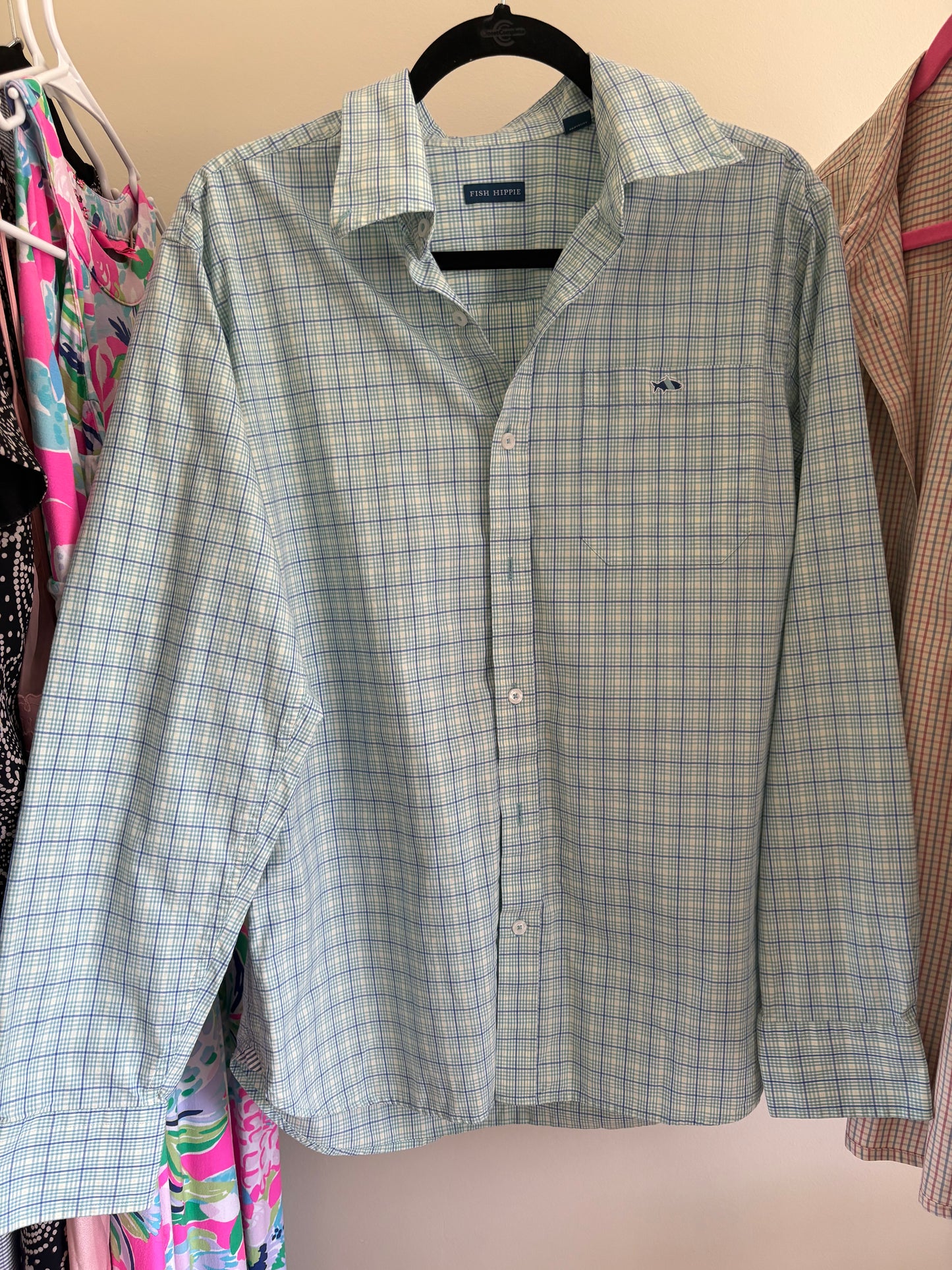 Men’s Fish Hippie Shirt, Long Sleeve, Button Down, Blue and Green Striped Plaid - Size Large