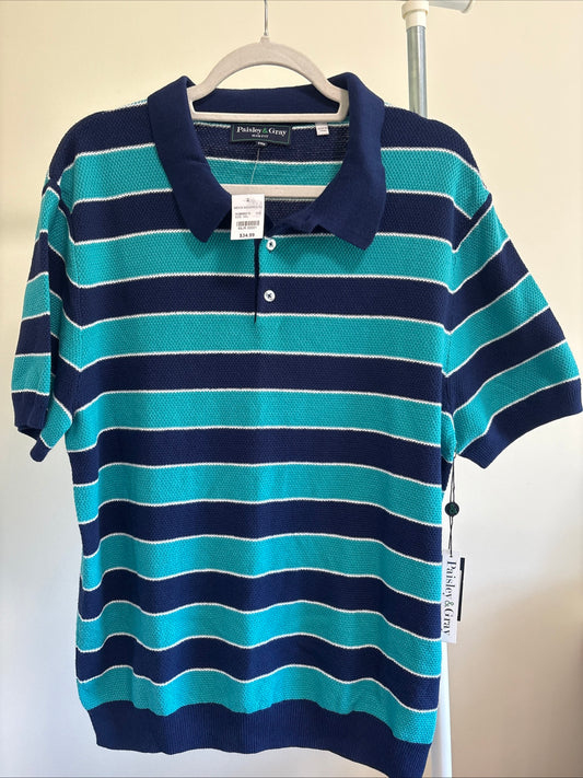 Men's Paisley & Gray Knit Polo, Slim Fit, Navy / Teal / White - Size XXL 2X, New with tags